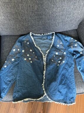 Embroidered Denim Fringe Open-Front Wrangler Blazer